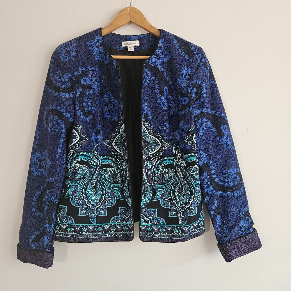 Coldwater Creek Open Front Jacket 10 Blue Paisley Print Boho Chic Business